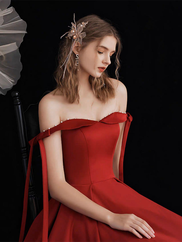 A-Line Off Shoulder Satin Burgundy Long Prom Dress, Burgundy Long Formal Dress