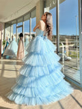 Unique Sweetheart Neck High Low Tulle Blue Prom Dress,Blue Tulle Formal Dress