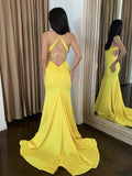 Simple Backless Satin Yellow Long Prom Dress, Yellow Evening Dress
