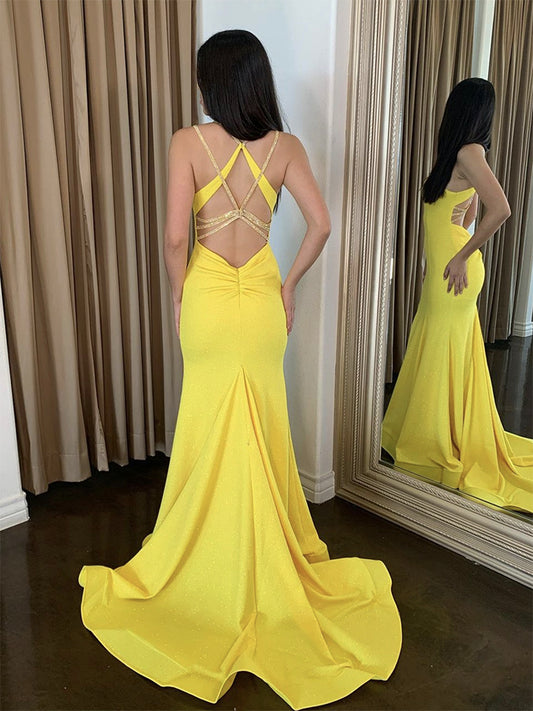 Simple Backless Satin Yellow Long Prom Dress, Yellow Evening Dress