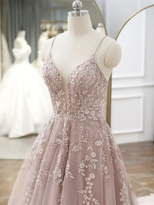 A-Line Pink Tulle Lace Long Prom Dresses, Pink Lace Formal Dresses