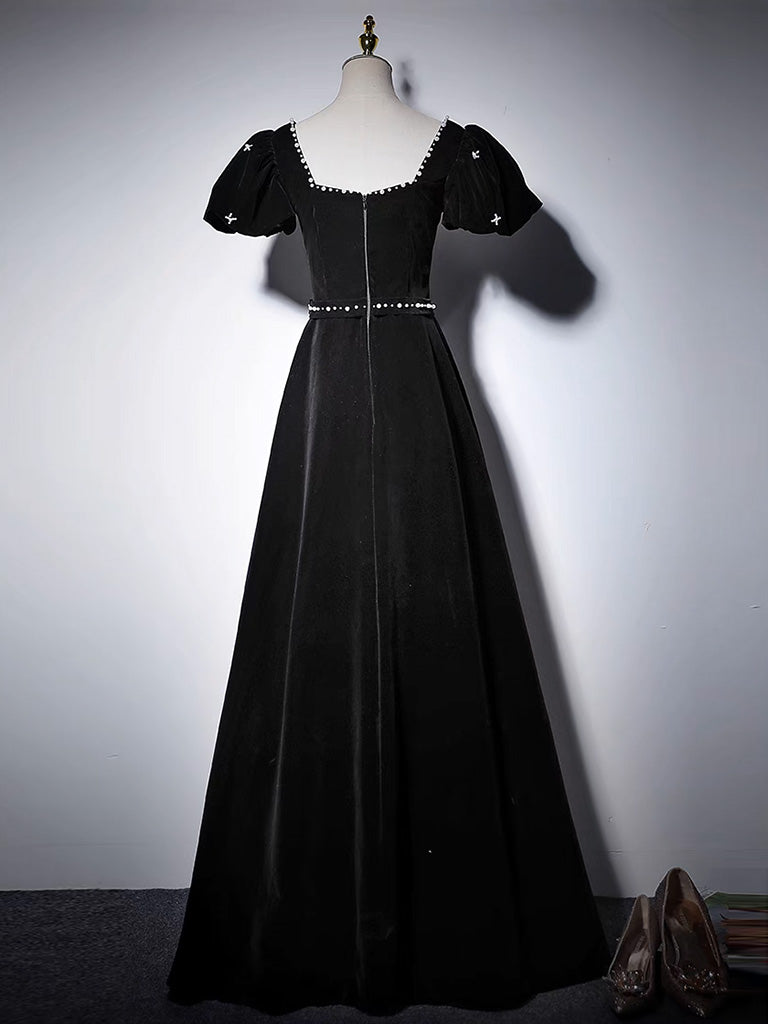A-Line Velvet Black Long  Prom Dress, Black Long Formal Dress