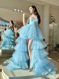 Unique Sweetheart Neck High Low Tulle Blue Prom Dress,Blue Tulle Formal Dress