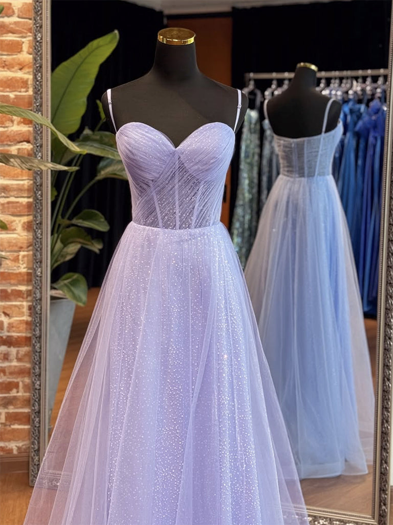 A-Line Sweetheart Neck Tulle Long Prom Dress, Blue Long Formal Dress