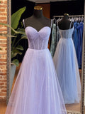 A-Line Sweetheart Neck Tulle Long Prom Dress, Blue Long Formal Dress