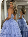 Blue V Neck Lace Tulle Long Prom Dress, Blue Long Graduation Dress