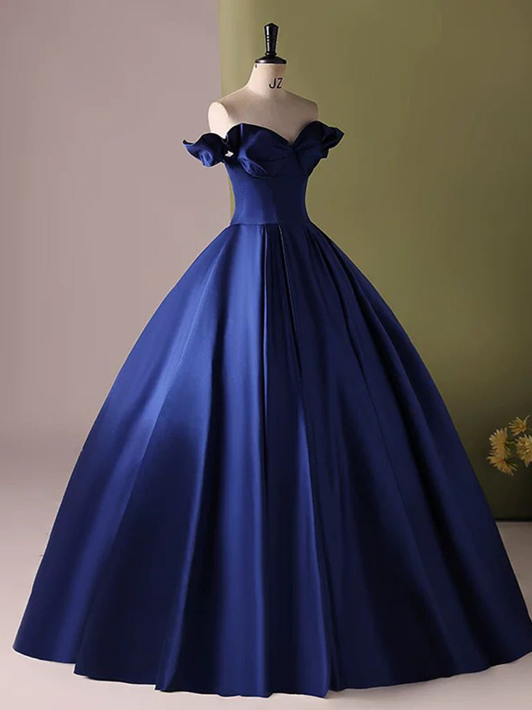 A-Line Off Shoulder Satin Blue Long Prom Dress, Blue Long Formal Dress