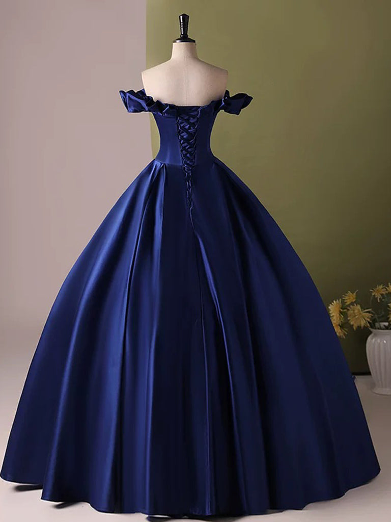 A-Line Off Shoulder Satin Blue Long Prom Dress, Blue Long Formal Dress