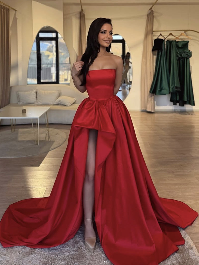 A-Line Red Satin Long Prom Dress, Red Long Formal Dress