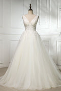 White v neck lace tulle long prom dress, wedding dress