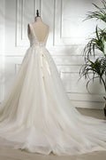 White v neck lace tulle long prom dress, wedding dress