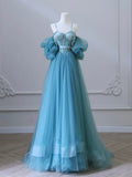 A-Line Sweetheart Neck Tulle Blue Long Prom Dress, Blue Long Formal Dress
