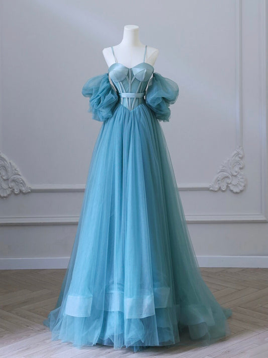 A-Line Sweetheart Neck Tulle Blue Long Prom Dress, Blue Long Formal Dress