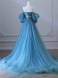A-Line Sweetheart Neck Tulle Blue Long Prom Dress, Blue Long Formal Dress