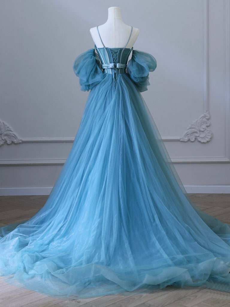 A-Line Sweetheart Neck Tulle Blue Long Prom Dress, Blue Long Formal Dress
