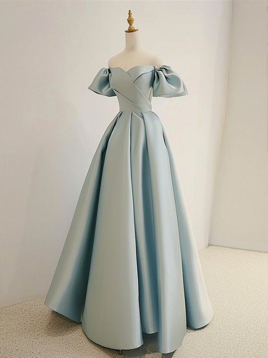 A-Line Sweetheart Neck Satin Blue Long Prom Dress, Blue Long Formal Dress