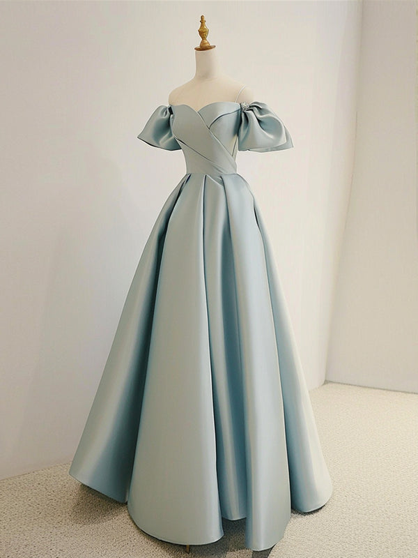 A-Line Sweetheart Neck Satin Blue Long Prom Dress, Blue Long Formal Dress