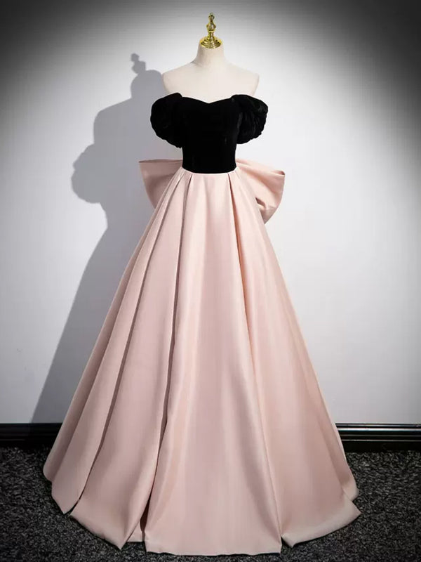 A-Line Off Shoulder Satin Champagne Long Prom Dress, Champagne Long Formal Dress