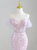 Mermaid Off Shoulder Sequin Tulle Purple Long Prom Dress, Purple Long Formal Dress