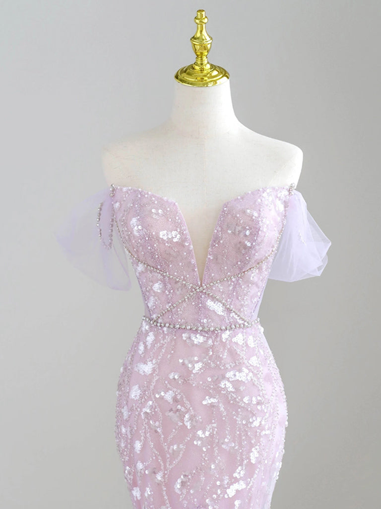 Mermaid Off Shoulder Sequin Tulle Purple Long Prom Dress, Purple Long Formal Dress