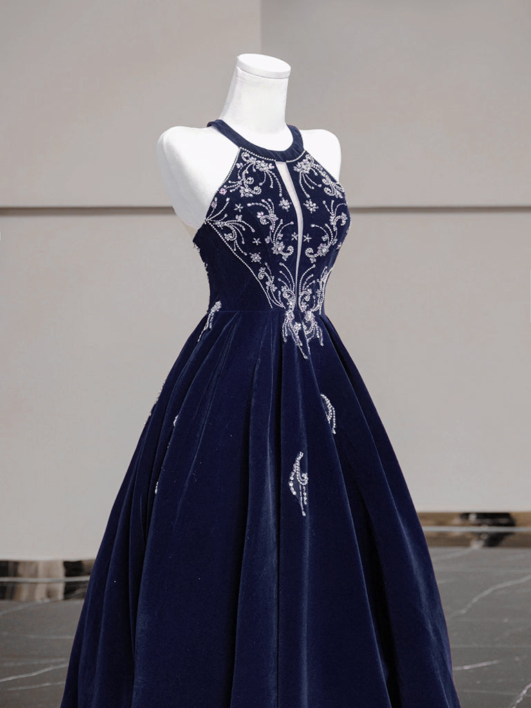 A-Line Velvet Beads Dark Blue Long Prom Dress, Blue Long Evening Dress