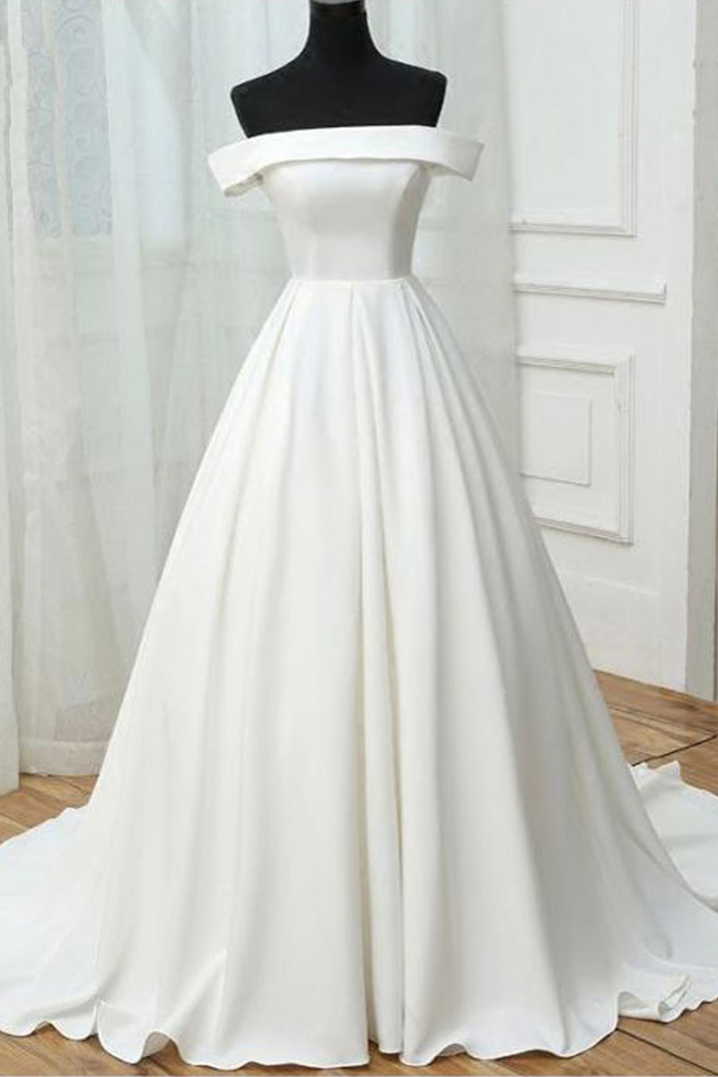 Simple white satin long prom dress, white evening dress