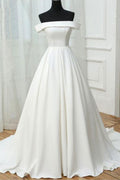 Simple white satin long prom dress, white evening dress