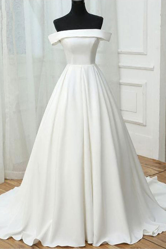 Simple white satin long prom dress, white evening dress
