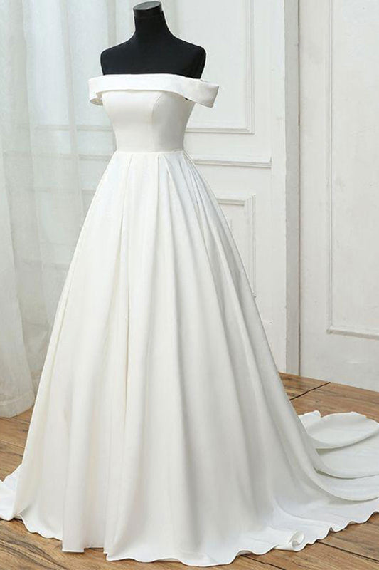 Simple white satin long prom dress, white evening dress