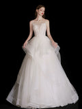 White Tulle Beads Long Prom Dress, White Tulle Long Formal Dresses