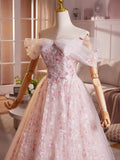 A-Line Off Shoulder Tulle Lace Pink Long Prom Dress, Pink Evening Dress